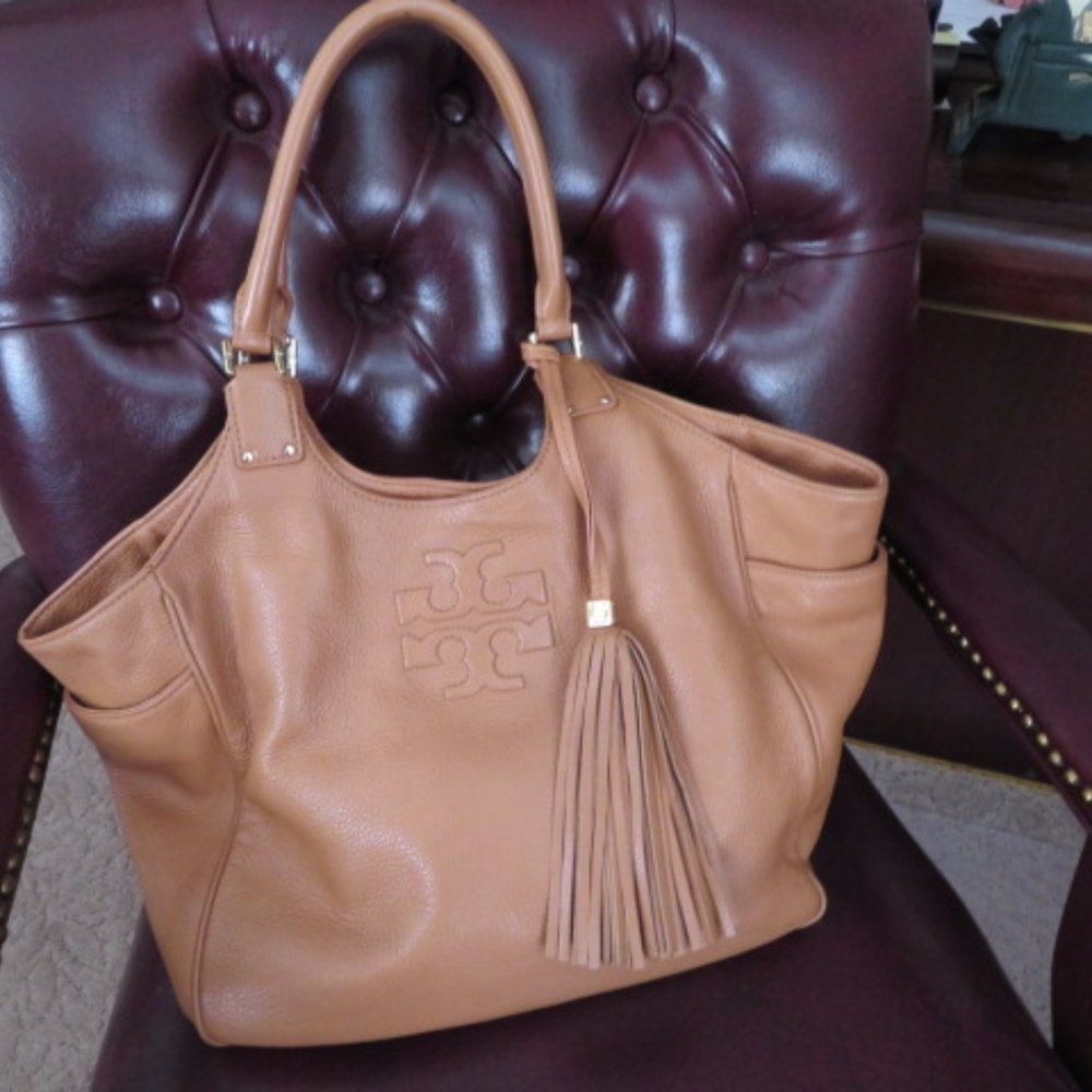 Tory Burch Tan Pebbled Leather Hobo Bag with Tassel